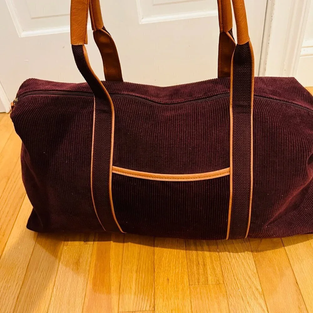 Vintage 80's 90's Corduroy and Leather Large Duffle Bag